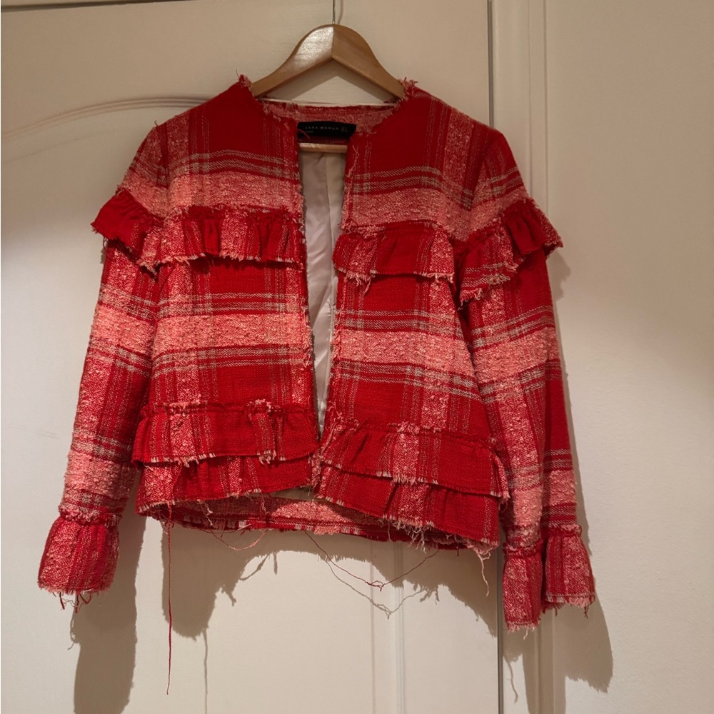 Zara Red Tweed Blazer with Frayed Details